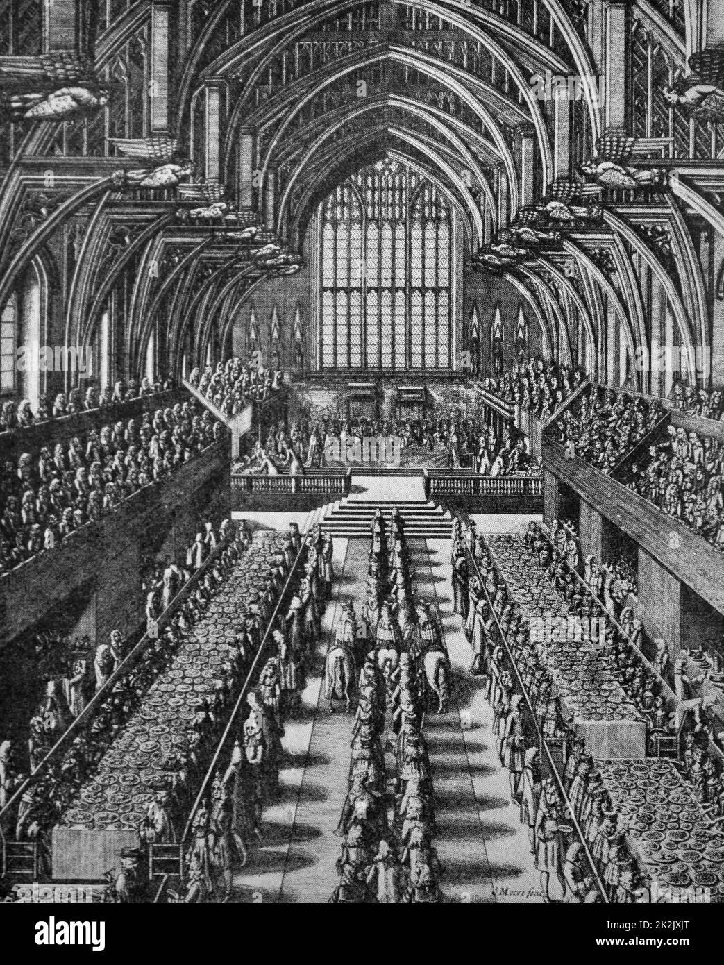 Gravur mit einem Bankett in Westminster Hall nach der Krönung von König James II. (1633-1701), König von England und Irland. Vom 17. Jahrhundert Stockfoto