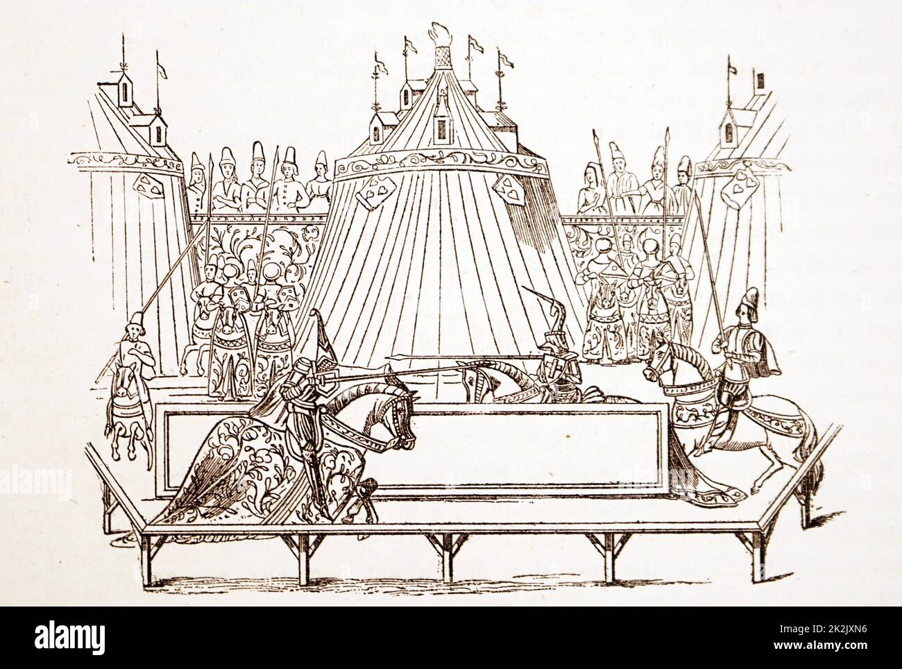 Holzschnitt zeigt eine Szene aus einem Turnier. Vom 15. Jahrhundert Stockfoto