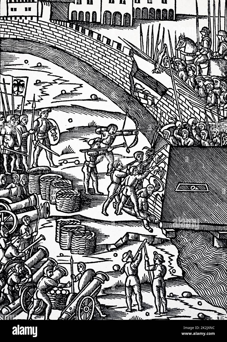 Holzschnitt, der einen Kampf mit Waffen wie, Kanonen, Bogen, Pfeile, Lanzen, und schwere Rüstung der alten Ordnung. Vom 16. Jahrhundert Stockfoto