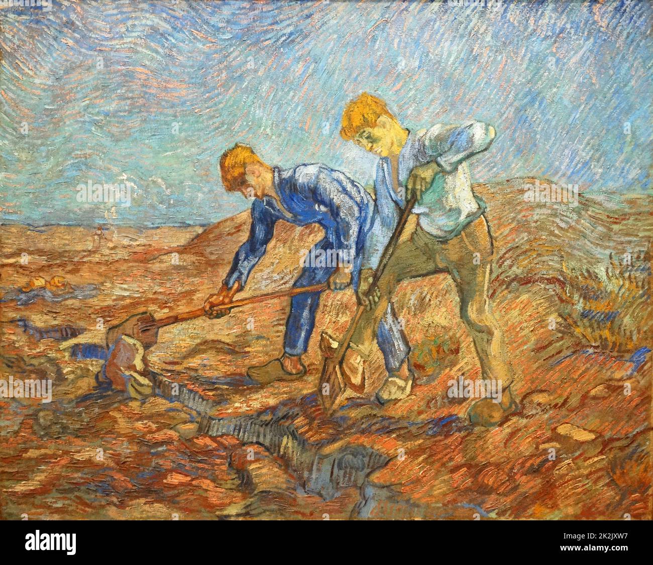 Zwei Bauern Graben (Öl auf Leinwand) von Vincent Van Gogh (1853-1890) ein Post-Impressionist Painter der niederländischen Ursprungs, deren Arbeit - bekannt für ihre raue Schönheit, emotionale Ehrlichkeit und kräftigen Farben - hatte einen tiefgreifenden Einfluss auf 20 Art. Stockfoto