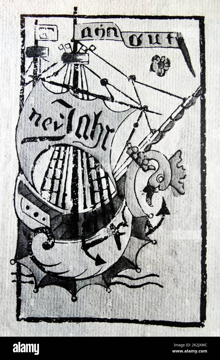 Ein Schiff ist auf ein neues Jahr Holzschnitt aus Basel 1460 abgebildet. Stockfoto
