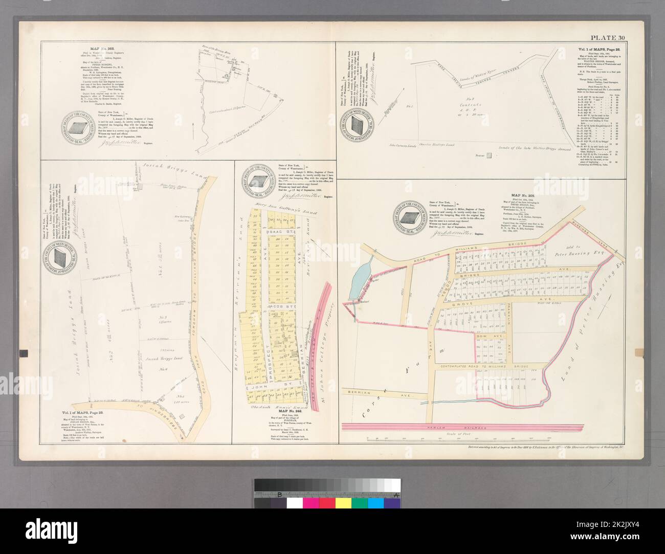 Kartografisch, Karten. 1888 - 1897. Lionel Pincus und Princess Firyal Map Division. Bronx (New York, New York) Tafel 30: Karte Nr. 368, begrenzt durch School oder Mill Brook, Bussing Lane und Harlem Railroad. - Vol. 1 of Maps, Seite 28: Begrenzt durch die Straße, die nach Yonkers führt, die Straße, die nach Kingsbridge führt. - Vol. 1 von Maps, Seite 29. - Karte Nr. 246: Begrenzt durch Isaac St., Berrian Ave., John St. und Prospect Ave.- Karte Nr. 209: Begrenzt durch Straße zur Williams Bridge, Bussings Lane, Franklin Ave, Harlem Railroad und Corsa Ave Stockfoto