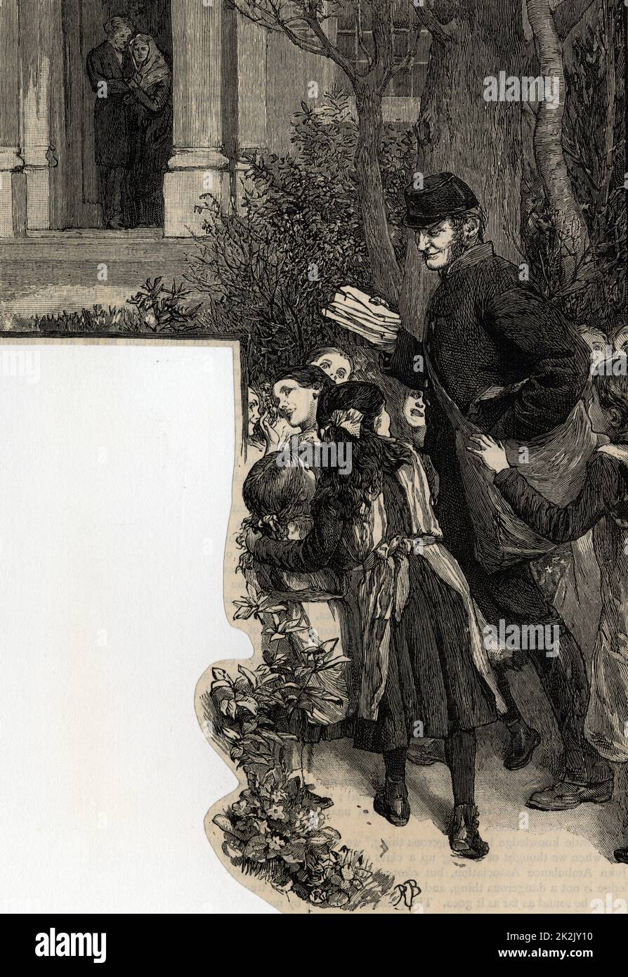 „Der Postbote, der am Valentinstag Briefe auslieferte. Gravur, London, 1884.' Stockfoto