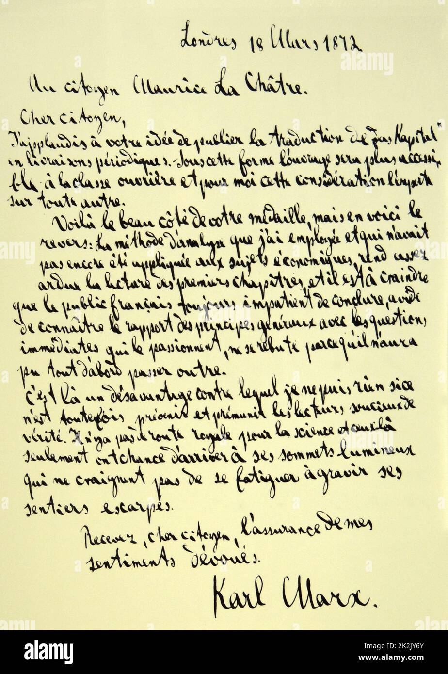 Text in französischer Sprache im märz 1872 von Karl Marx (5. Mai 1818 - 14. März 1883) war ein deutscher Philosoph, Ökonom, Soziologe, Historiker, Journalist, Und revolutionär sozialistisch Stockfoto