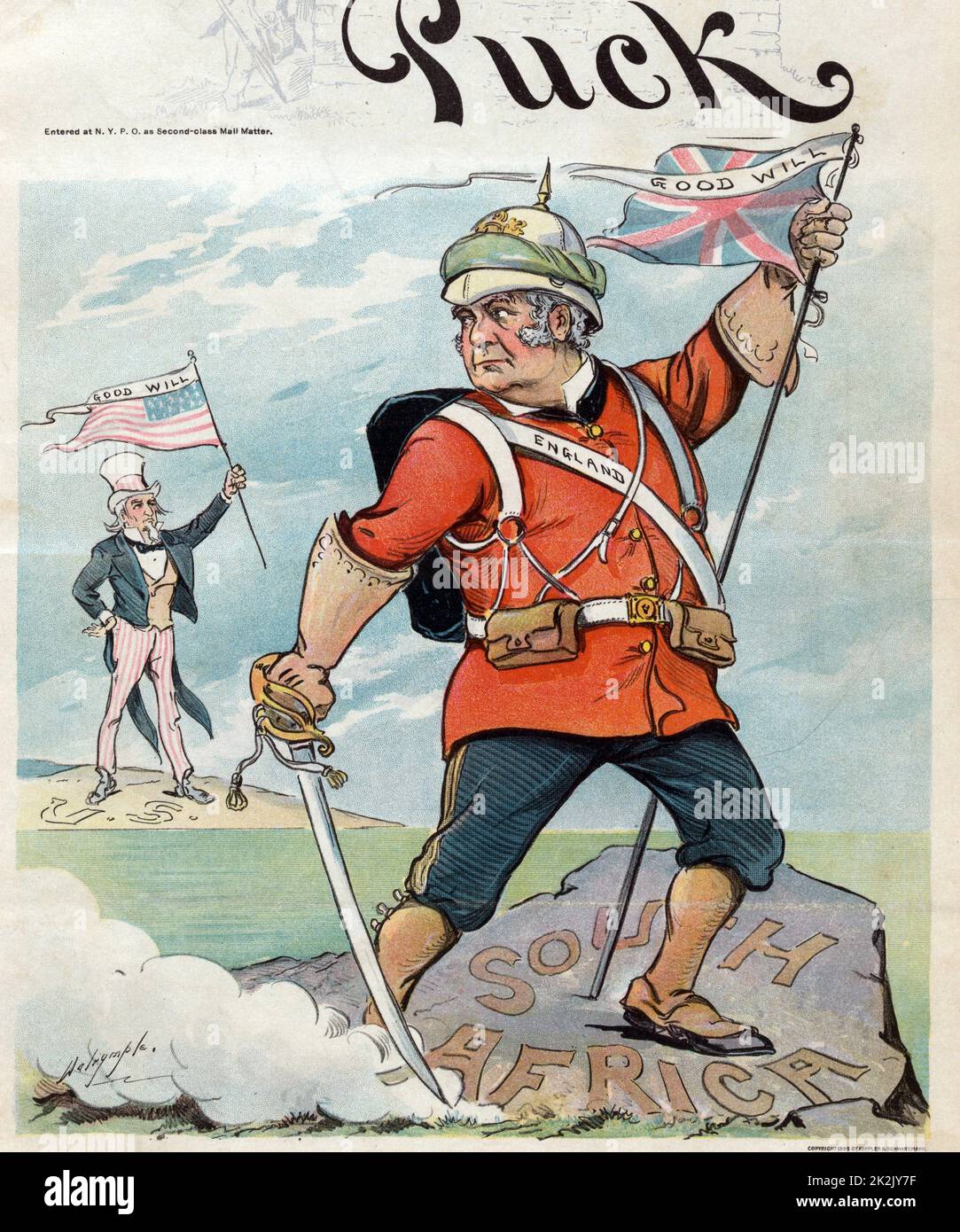 Drahtlose telegraphie von Louis Dalrymple, 1866-1905, Künstler. John Bull mit der Bezeichnung "England" steht auf einem Felsen mit der Bezeichnung 'South Africa', mit einem Schwert in der einen Hand und eine britische Fahne mit der Aufschrift "guten Willen" in den anderen; er ist ein Blick zurück auf Uncle Sam, der sich auf dem Boden mit der Beschriftung 'USA' und Holding aloft eine amerikanische Flagge mit der Bezeichnung "guten Willen". Abbildung von Puck, 1899. Stockfoto