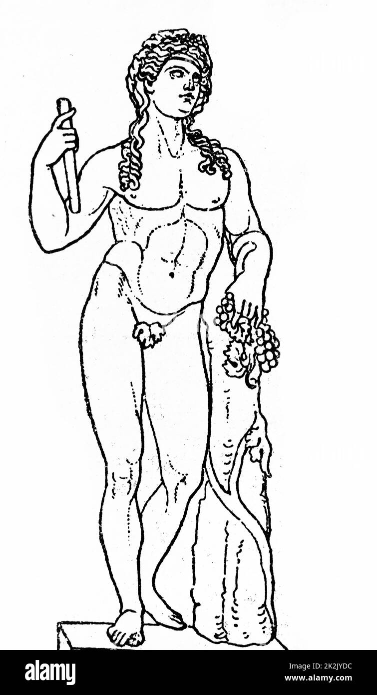 Abbildung einer griechischen Statue des Dionysos, Gott der Rebe, Weinlese, Weinbau, Wein, Ritual Wahnsinn, religiöse Ekstase und Theater. Stockfoto