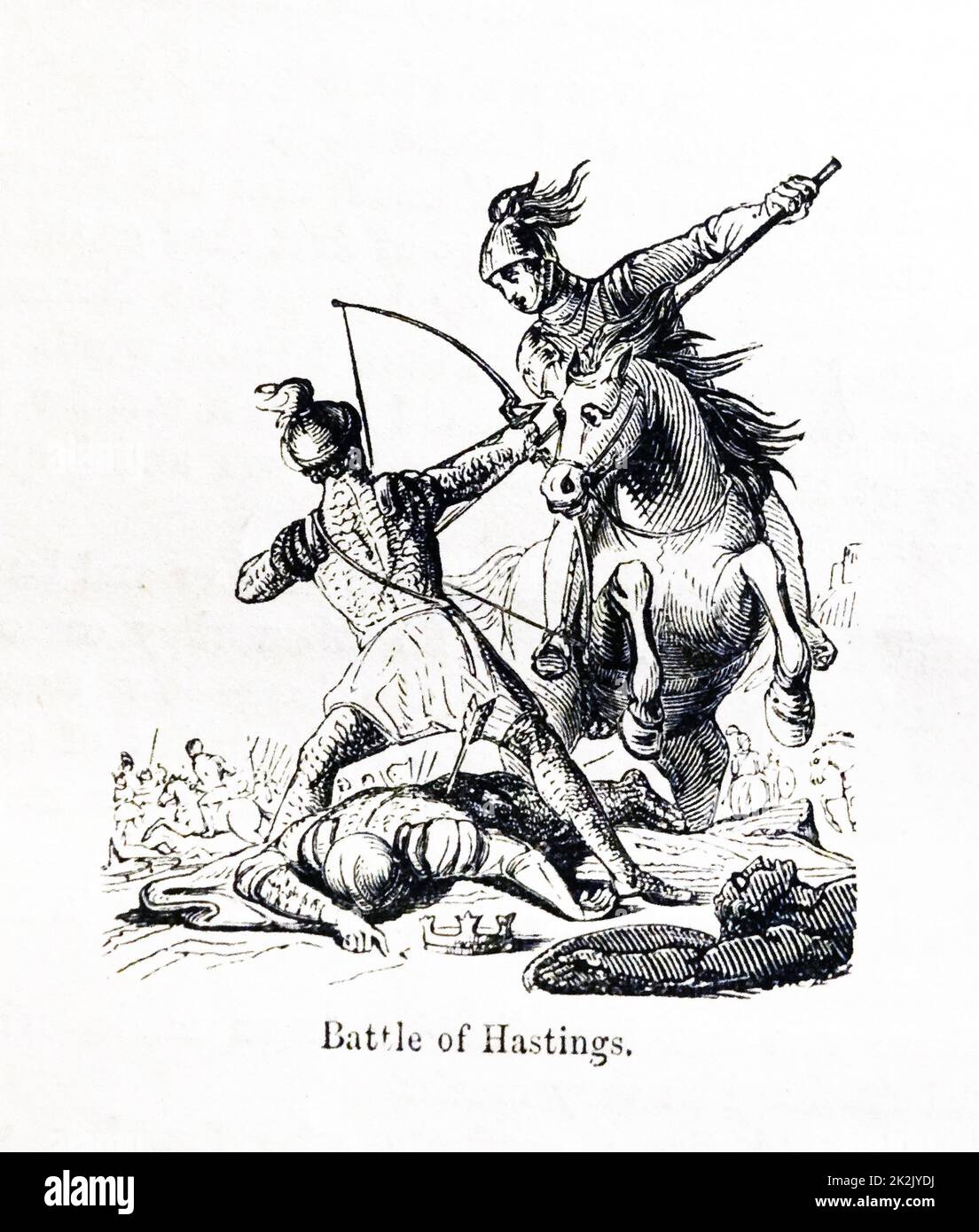 Die Schlacht von Hastings wurde am 14 Oktober 1066 zwischen der Norman-Französisch Armee des Herzogs William II von Normandie und eine englische Armee unter dem angelsächsischen König Harold Godwinson, Beginn der normannischen Eroberung Englands gekämpft. Stockfoto