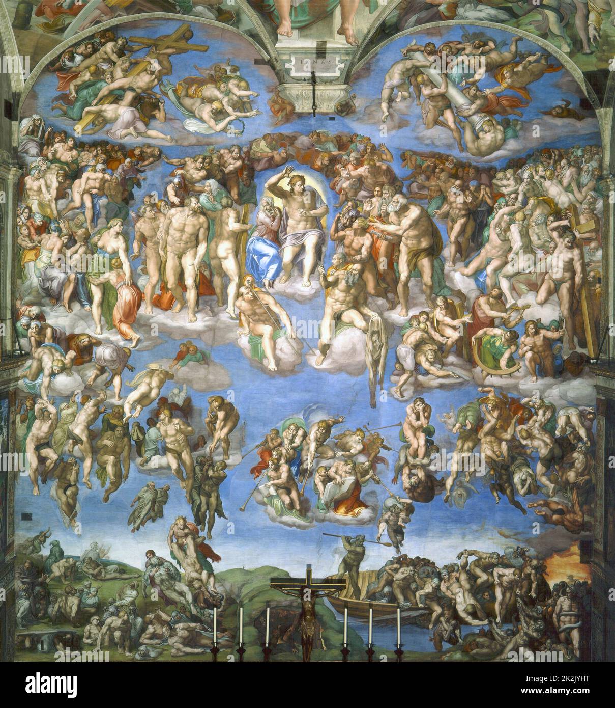 Das jüngste Gericht, gemalt von Michelangelo. Fresko der Sixtinischen Kapelle (Vatikanstadt). 13,7 m x 12 m zwischen 1536 und 1541. Stockfoto