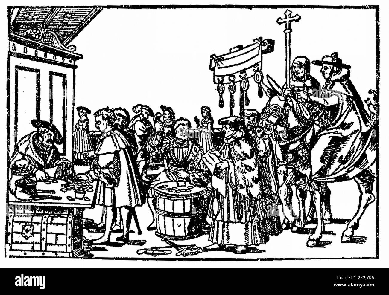 Verkauf von Ablässen. In der Katholischen Theologie, Ablaß ist der vollständigen oder teilweisen Erlaß der zeitlichen Strafe für die Sünden, die bereits vergeben wurden. Der Ablaß ist von der Katholischen Kirche gewährt nach dem Sünder bekannt hat und die Lossprechung empfangen. Sie sind für spezielle gute Werke und Gebete gewährt. Missbrauch beim Verkauf und bei der Gewährung von Ablässen waren ein wichtiger Punkt der Absicht eingeleitet, als Martin Luther die Reformation (1517) Stockfoto