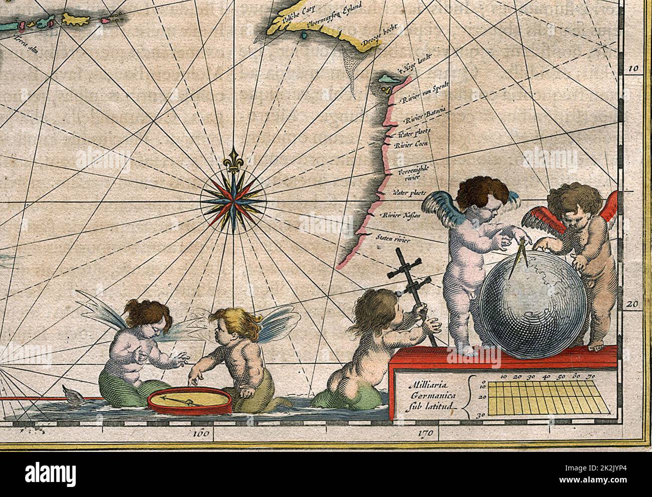 Willem Janszoon Blaeu (1571-1638) Detail einer Karte der Inder, genannt östliche und benachbarte Inseln. (Detail der unteren rechten Ecke). Veröffentlicht in 'India quae orientalis dicitur et insulae adiacentes.', 1635 Stockfoto