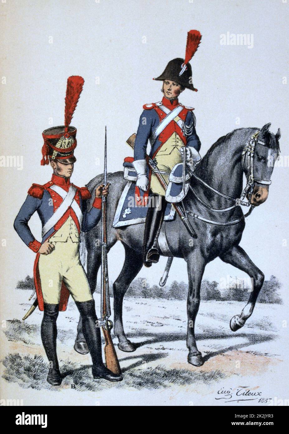 Gendarm 2. Klasse, montiert, Gendarm Kadett. "Histoire des Corps de Troupes de la Ville de Paris, 1887. Frankreich, Auftrag, National Guard, Uniform, Chromolithograph Stockfoto