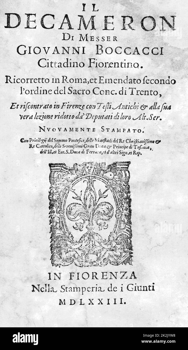 Giovanni Boccacio, Der Decameron. Originalfassung in italienischer Sprache, veröffentlicht 1573, zwei Jahrhunderte nach der Erstausgabe um 1350. Stockfoto