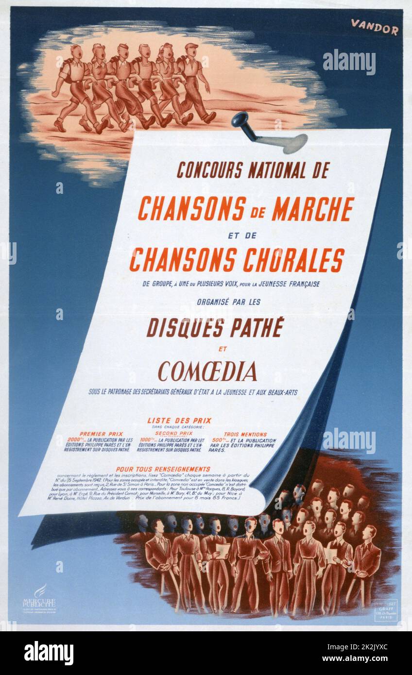 Des zweiten Weltkrieges 1939-1945: französische Poster für einen nationalen Wettbewerb für Chorlieder und Marken für junge Leute, Paris 1942. Stockfoto