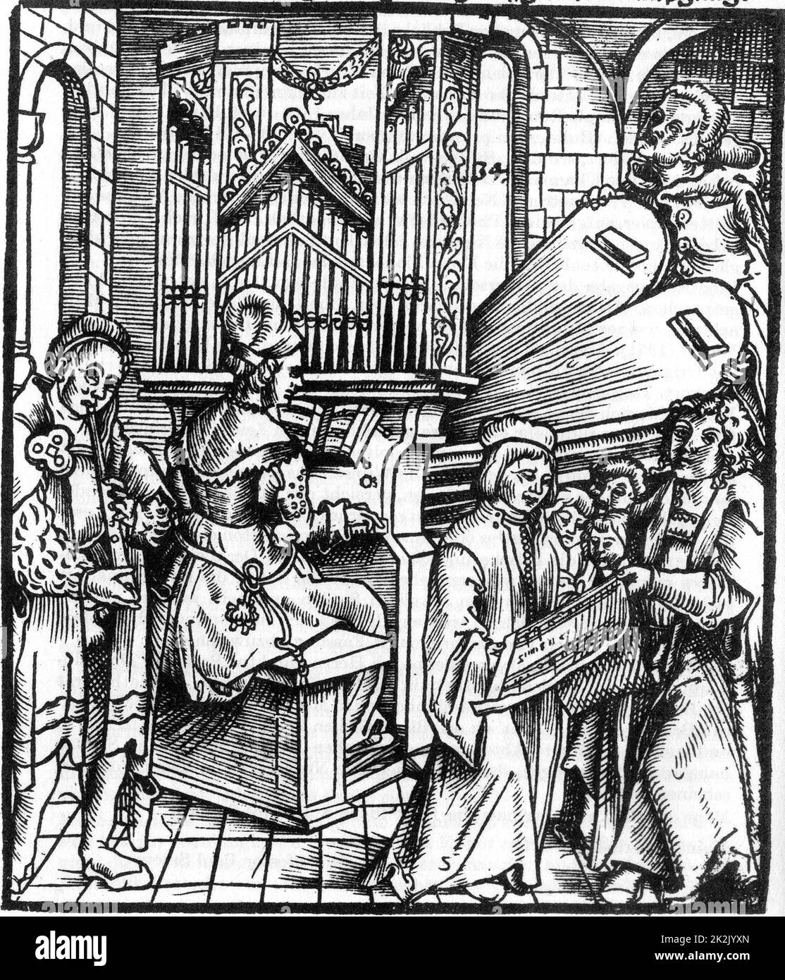 Deutscher Holzschnitt aus dem 16.. Jahrhundert, in dem Musikinstrumente gespielt werden. Dazu gehören Orgel und Flöte. Ein Chor singt mit. Stockfoto