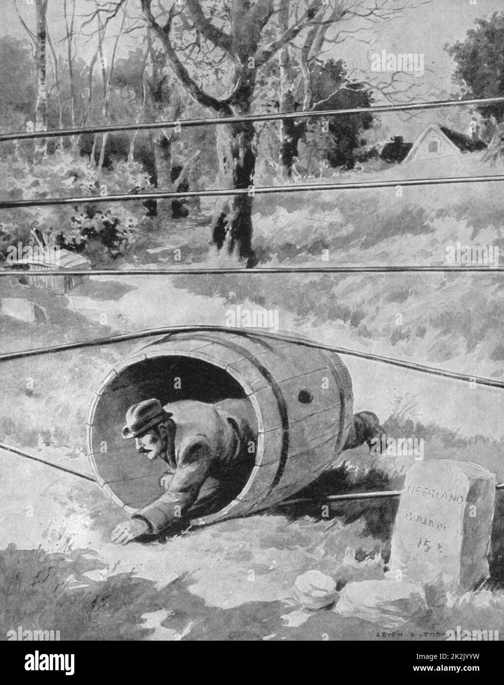 Der erste Weltkrieg 1914-1918: die Deutschen errichtet eine elektrifizierte Zaun zwischen besetzten Belgien und Holland. Dieses Faß war einer der genialen Methoden, die verwendet werden, um die Grenze sicher zu überqueren. "Le Pays de France', den 2. September 1915. Stockfoto