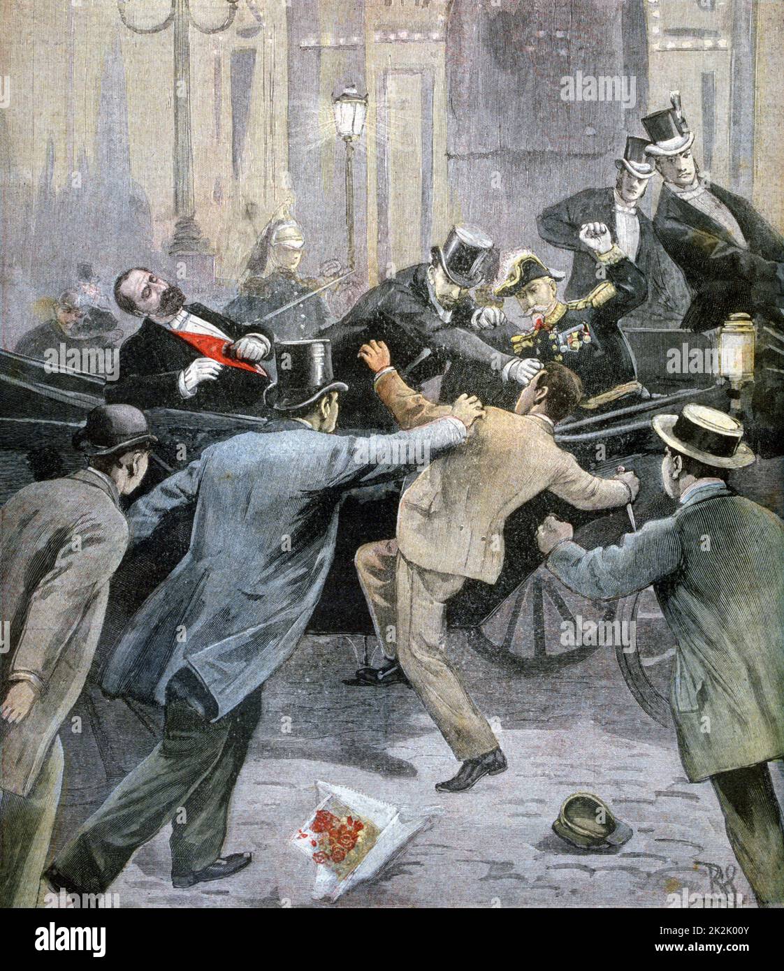 Attentat auf den französischen Präsidenten Sadi Carnot durch den italienischen Anarchisten Santo Caserio in Lyon, 24. Juni 1894. Aus Dem 'Le Petit Journal', Paris, 2. Juli 1894. Stockfoto