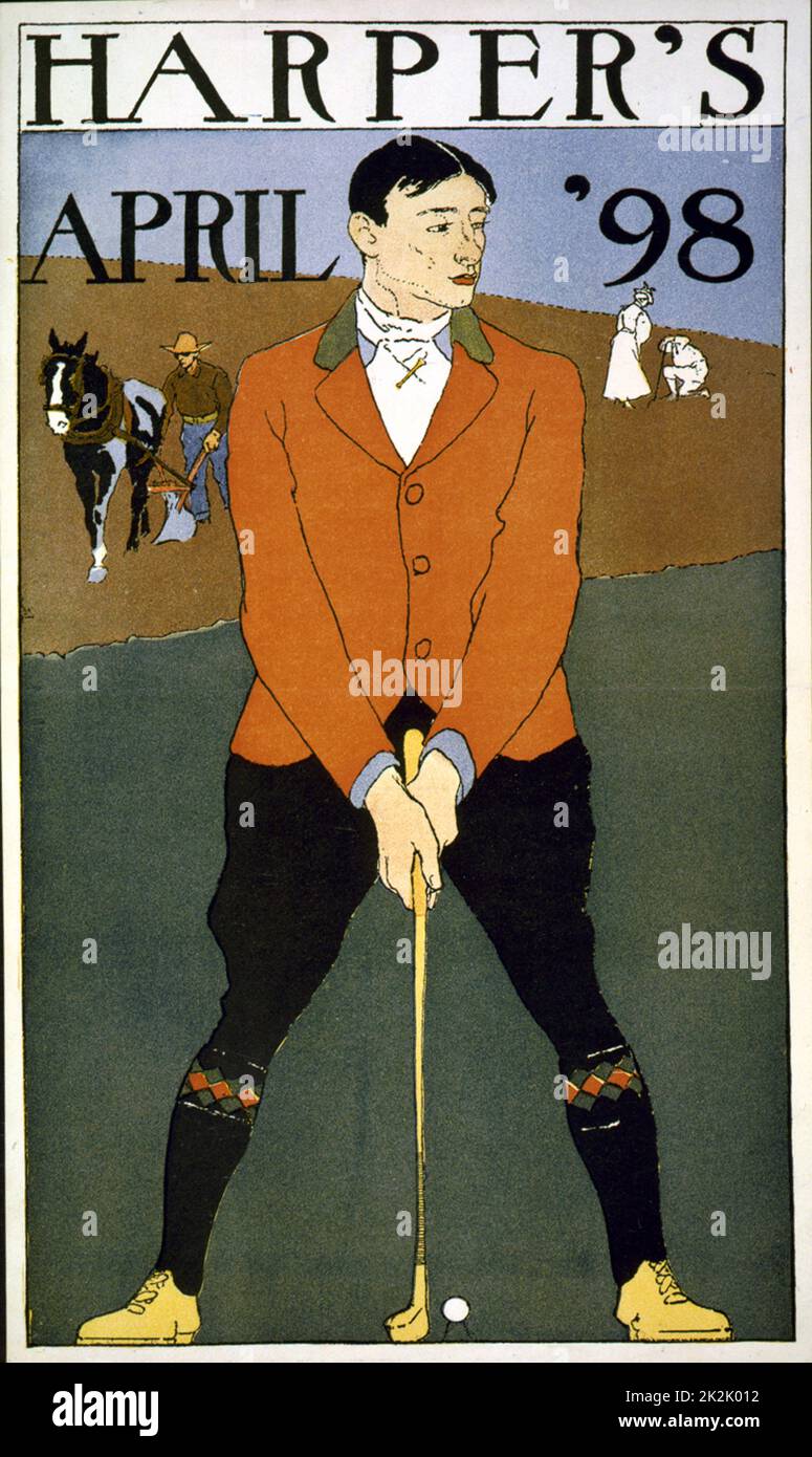 Harpers April 1898 Mann im Vordergrund, die Golf spielen. (Poster): Farbe. Von Edward Penfield 1866-1925, Künstler. Stockfoto