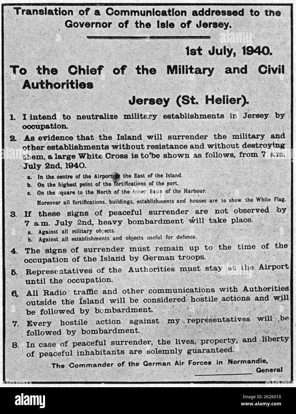 Die Kanalinseln, die zu Großbritannien gehören, wurden vom 30. Juni 1940 bis zum 9. Mai 1945 von der deutschen Armee besetzt. Übersetzung der Mitteilung an den Gouverneur von Jersey, 1.. Juli 1940. Stockfoto