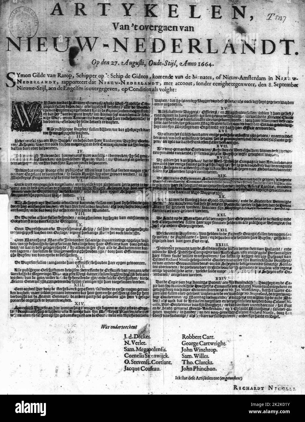 Die Artikel der Kapitulation auf die Reduzierung von New Holland Diese Artikel wurden von den Personen, die im Rahmen dieser Vereinbarung im Governor's Bowry, 1664 gezeichneten zugestimmt. Stockfoto