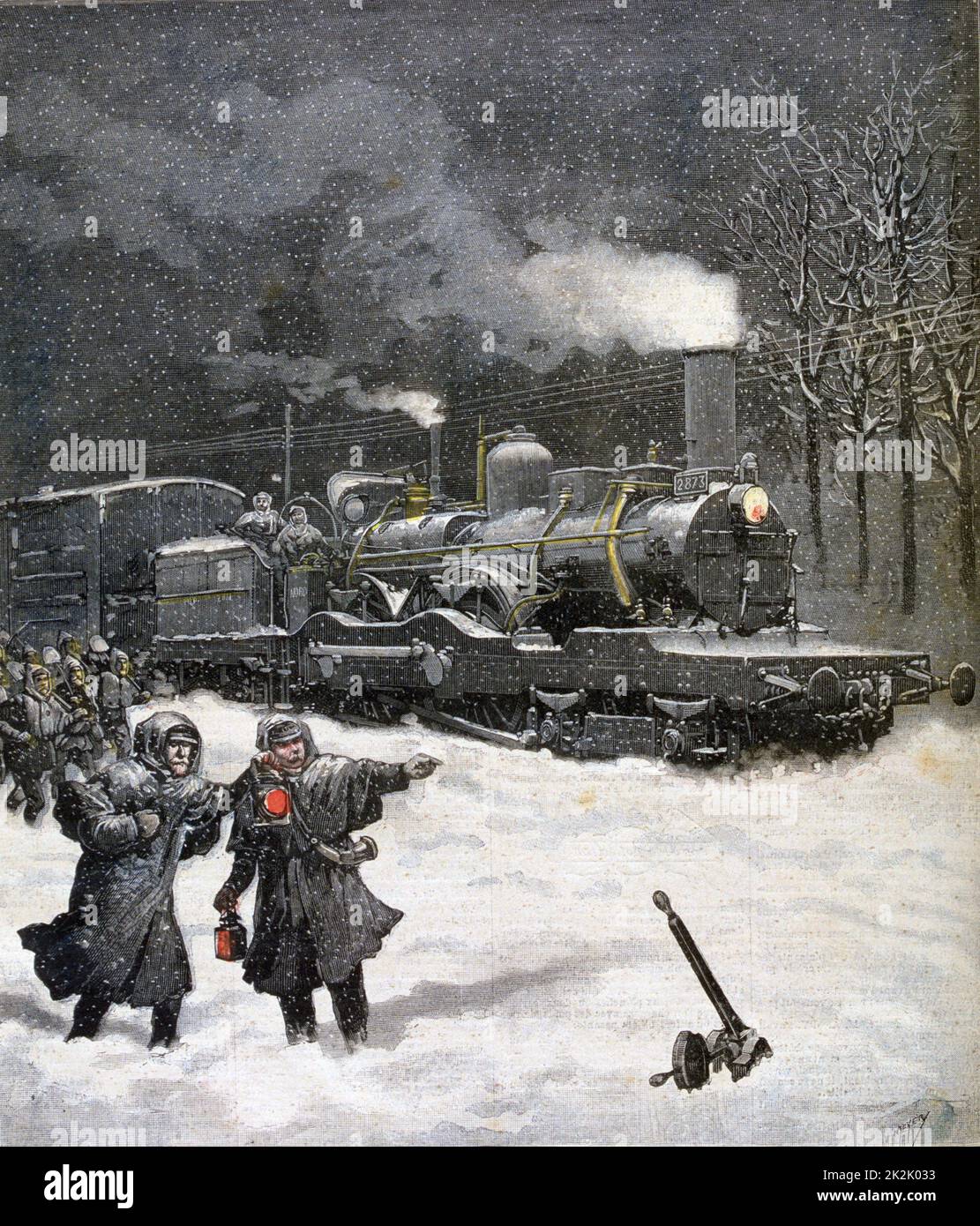 Der Eisenbahnzug wurde von einem Schneesturm angehalten. Vom 'Le Petit Journal', Paris, 5. März 1892. Stockfoto