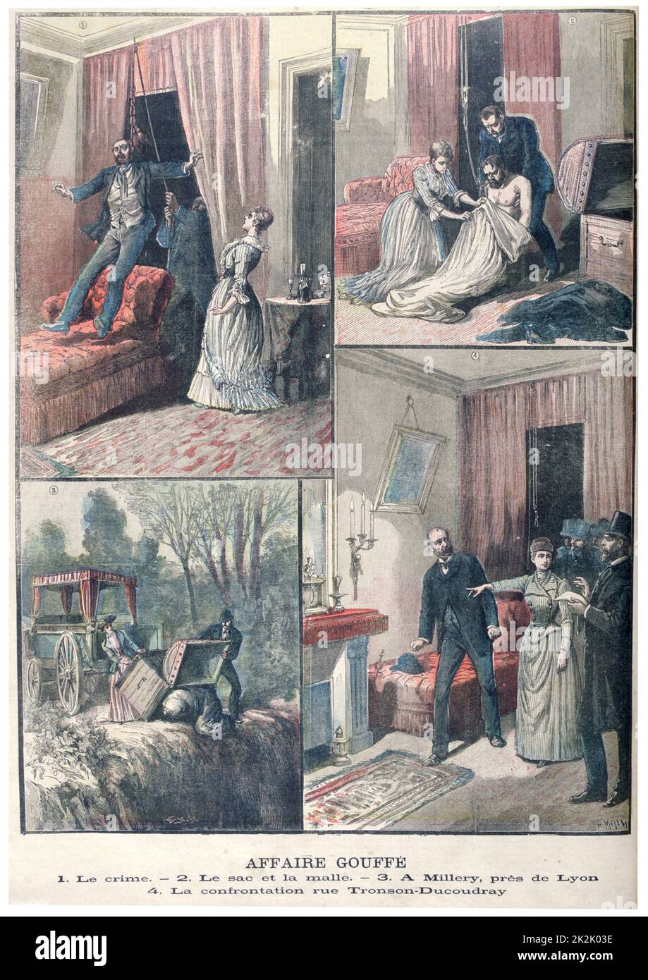 Mord an baliff Gouffe von Gabrielle Bompard und Michel Eyrard, Entsorgung von Körper, Bompard mit Detektiven. Eyrard zum Tode verurteilt, Bompard zu 20 Jahren behauptet Eyrard ihr hypnotisiert. "Le Petit Journal", Paris, 20. Dezember 1890. Stockfoto