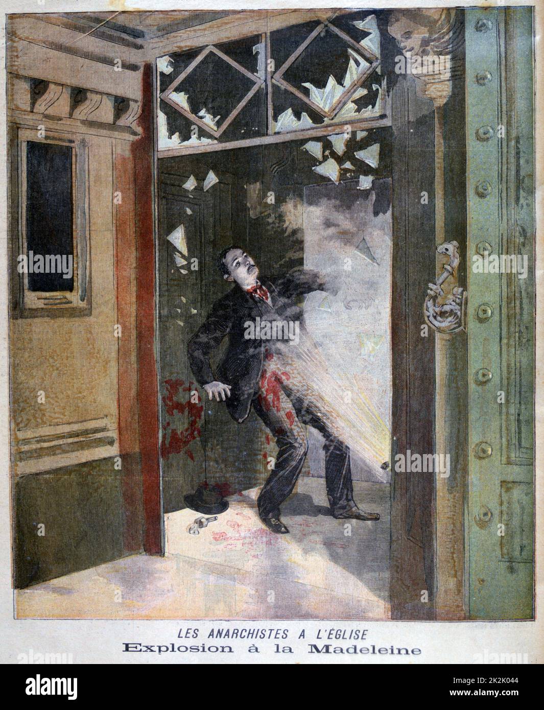 Tod des französischen Anarchisten Jean Pauwels, gesprengt von der Bombe, die er in der Kirche La Madeleine in Paris, Frankreich, anbauen wollte. Vom 'Le Petit Journal', Paris, 26. März 1894. Stockfoto