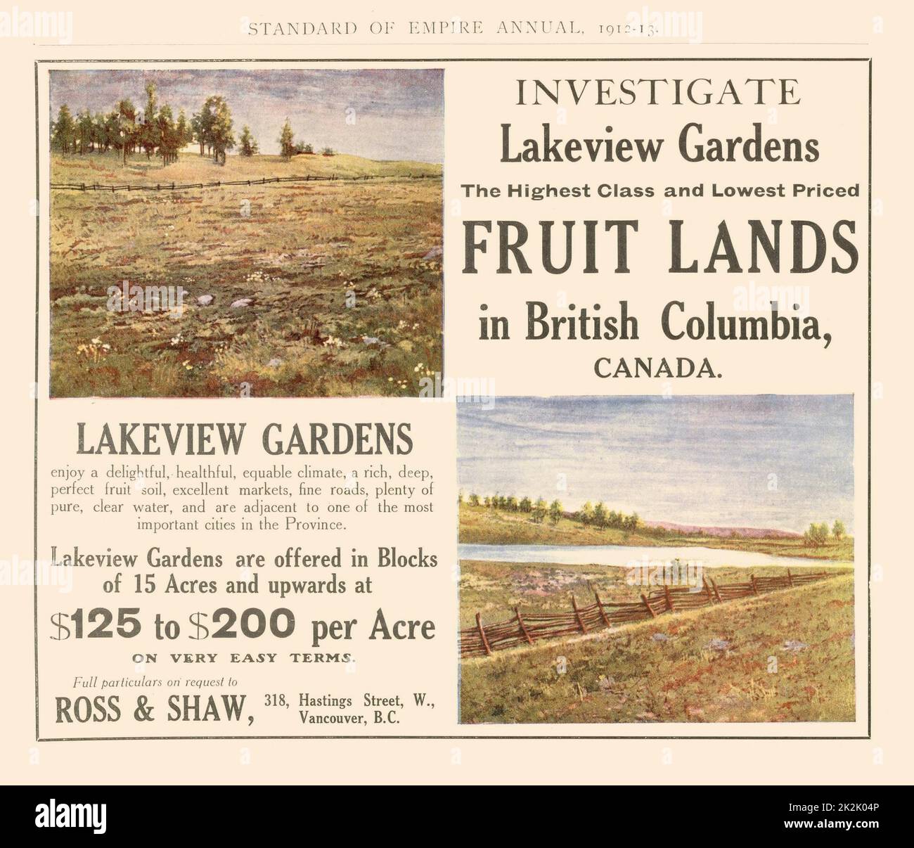 Werbung ermutigend Siedlung in Kanada. Von "Standard des Reiches jährlichen" 1912-1913. Stockfoto