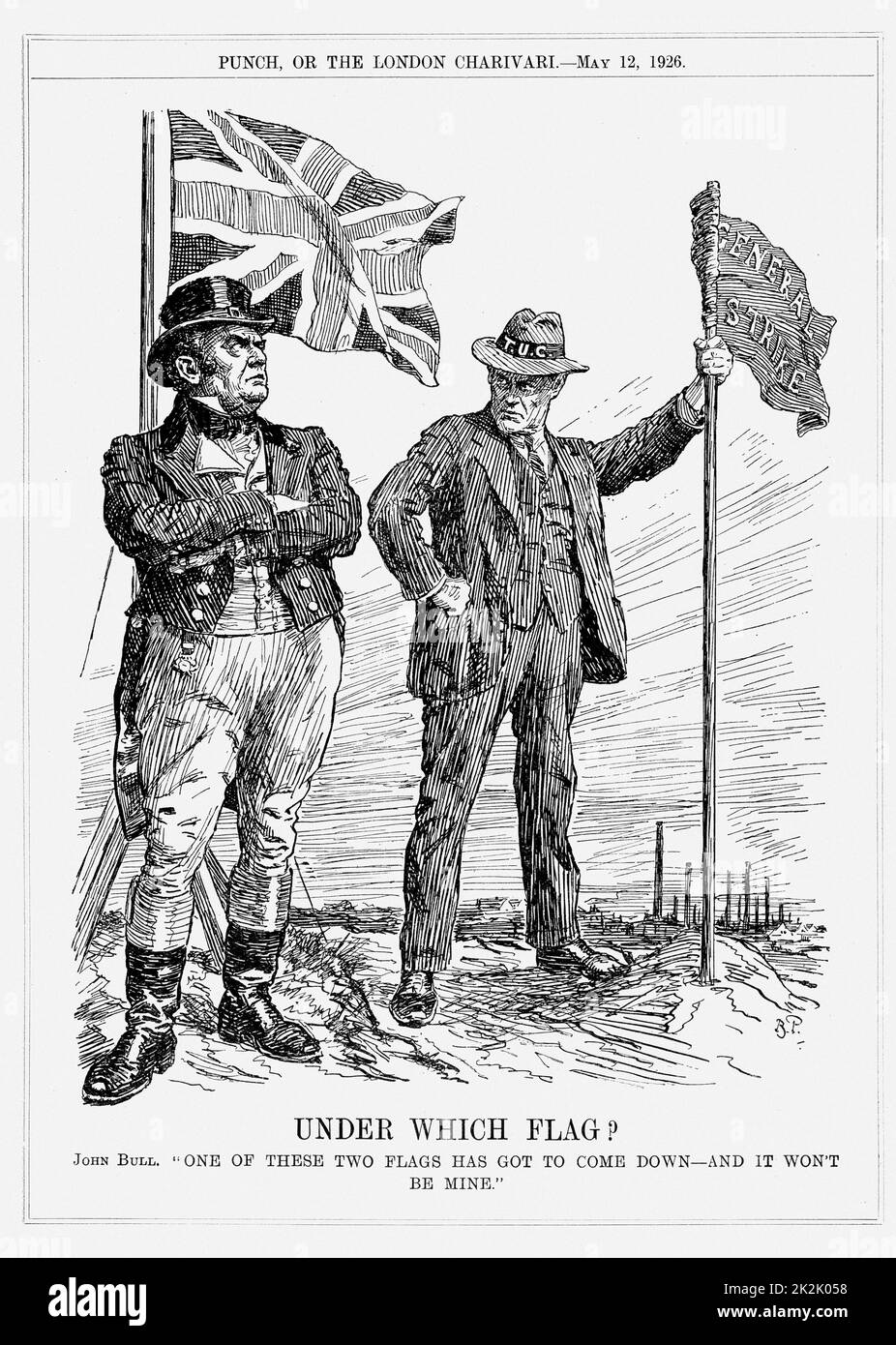 Generalstreik in Großbritannien, Mai 1926. John Bull erzählen die Trades Union Rat, dass Großbritannien Streiks widersetzen würden. Cartoon von Bernard Partridge aus 'Lochen', London, 12. Mai 1926. Stockfoto