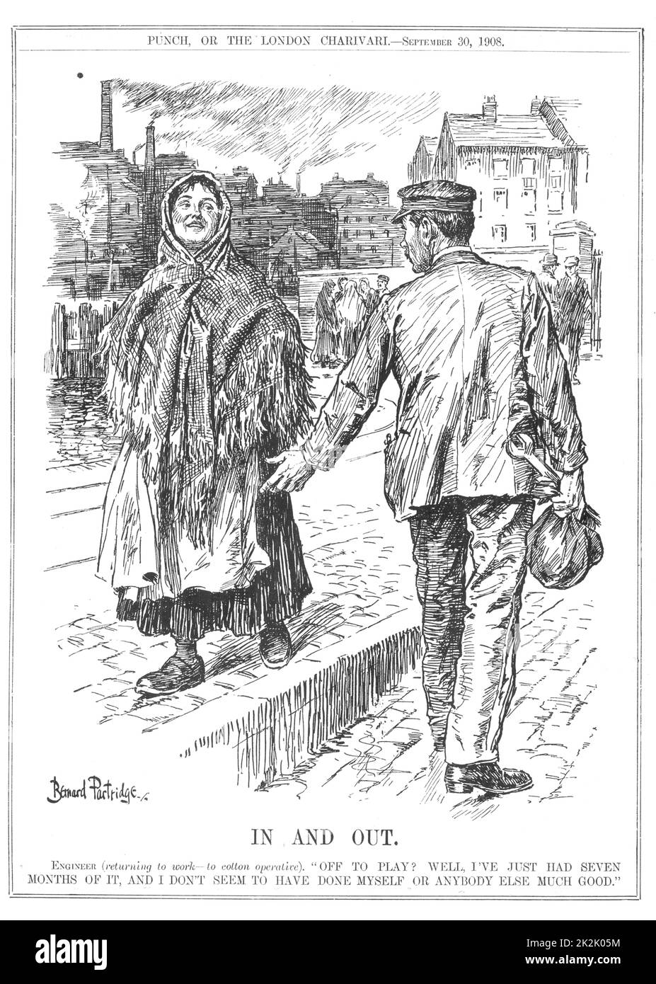 Arbeitskämpfe. Die Ingenieurin kehrt nach sieben Monaten zur Arbeit zurück und riet einem Baumwollspinner von Lancashire, dass sie nichts gewinnen wird, wenn sie streikt. Karikatur von Bernard Partridge aus „Punch“, London, 30. September 1908. Stockfoto