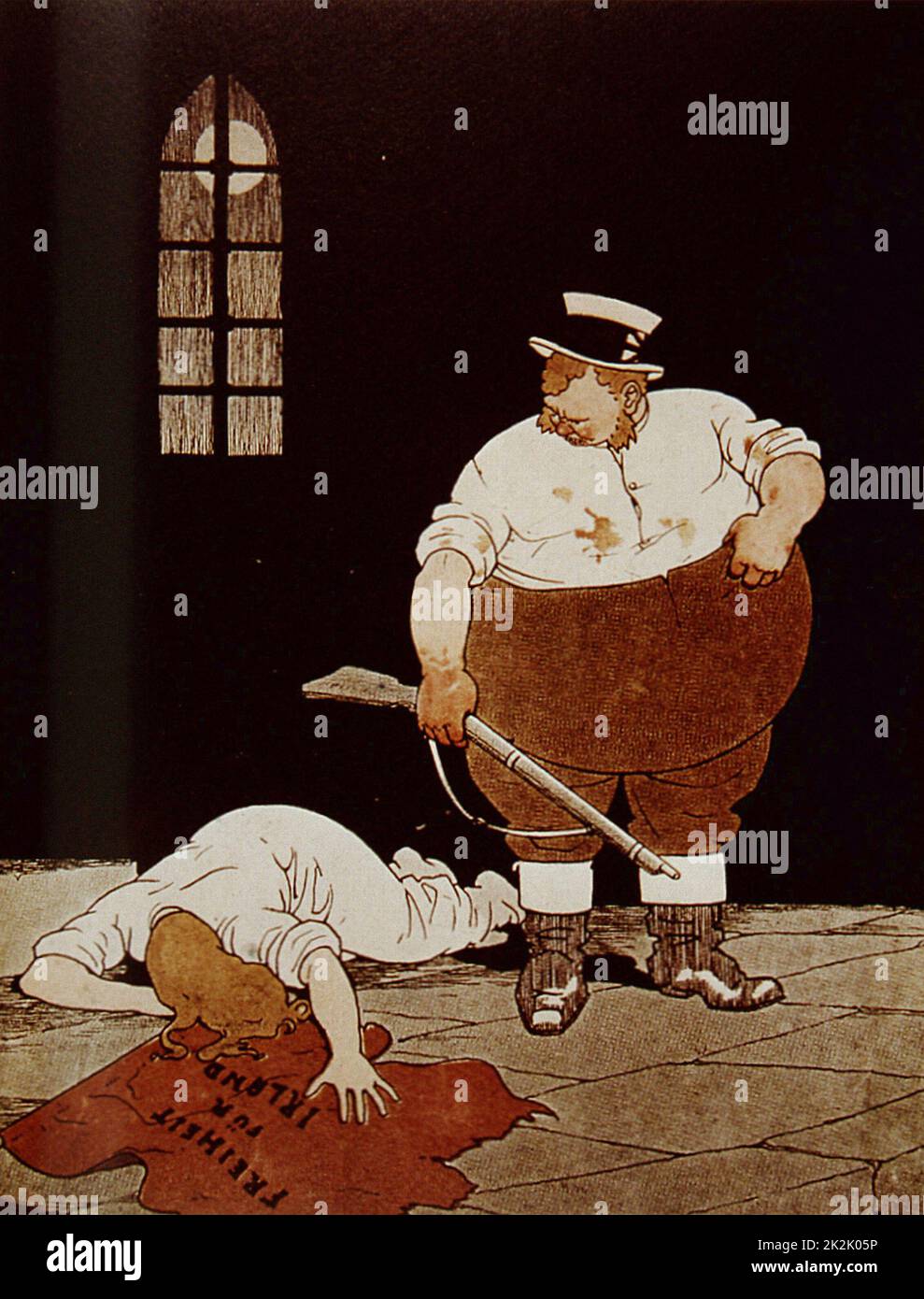 Deutsche Sicht der Behandlung John Bull's von Irland. Cartoon von 'Meggendorfer Blatter", 2. Mai 1916. Großbritannien, dargestellt als fettleibig John Bull Holding ein Gewehr, blickt auf eine Frau, die er geschossen hat. Sie hielt die Fahne trägt die Aufschrift "Freiheit für Irland". Stockfoto
