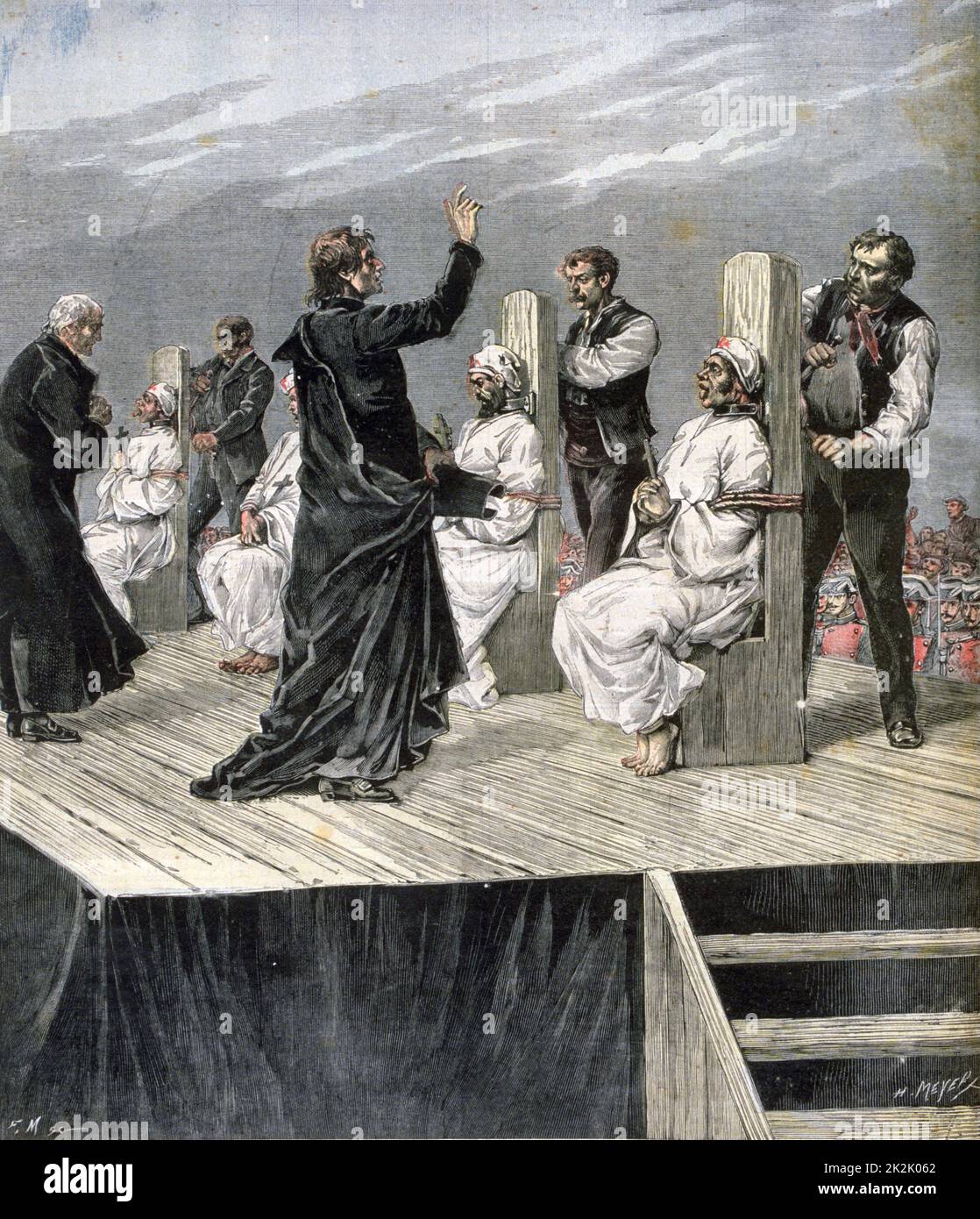Spanien, 10. Februar 1892: Vier Anarchisten bei ihrem Angriff auf die Stadt von Xeres durch römisch-katholische Priester, wie sie von garotting ausgeführt werden erfasst. Von "Le Petit Journal", Paris, 27. Februar 1892. Stockfoto