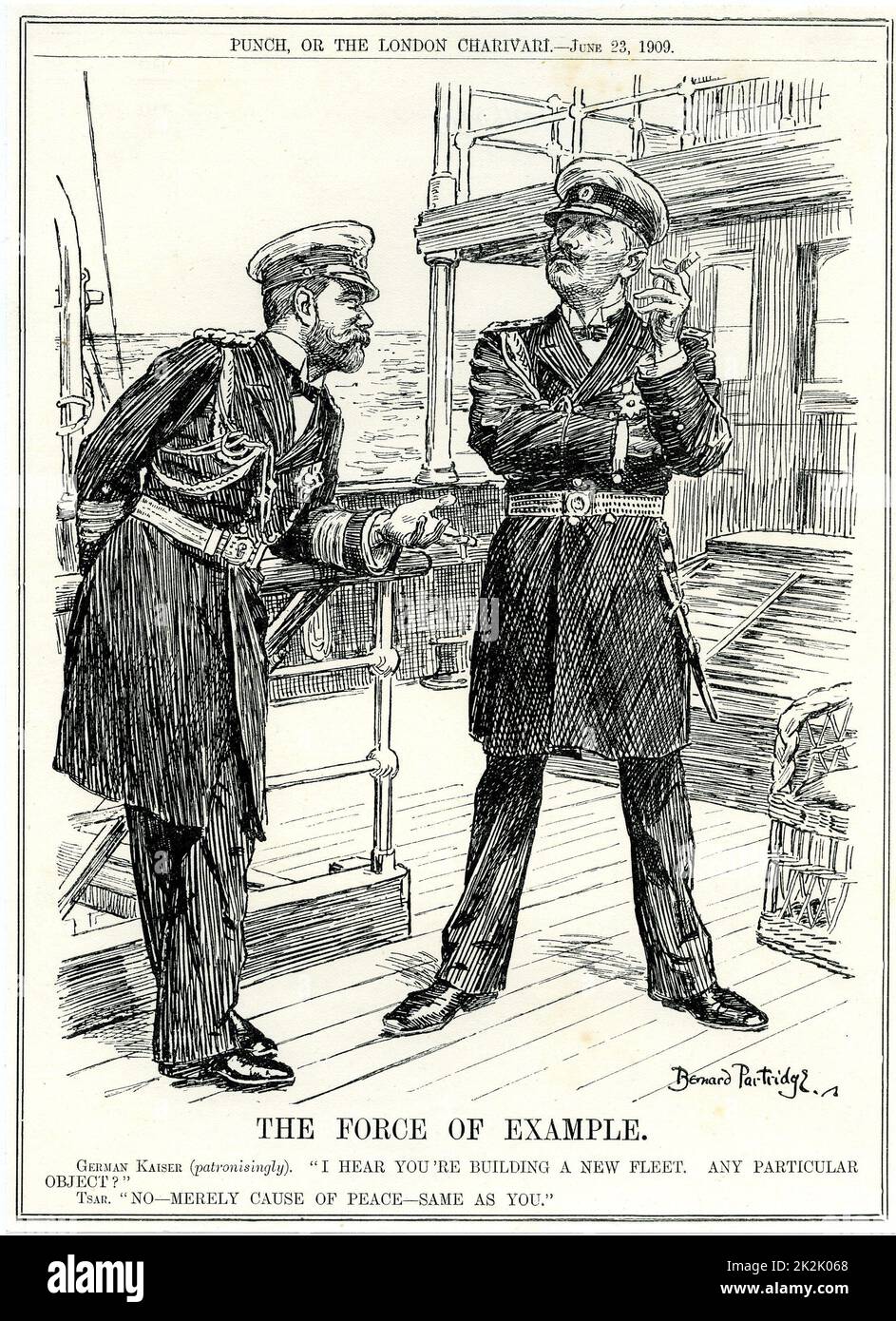 Wilhelm II., Deutscher Kaiser, Nikolaus II., Zar von Russland, seine Vernunft für den Aufbau einer neuen Flotte. Cartoon von Bernard Partridge aus 'Lochen', London, 23. Juni 1909. Stockfoto