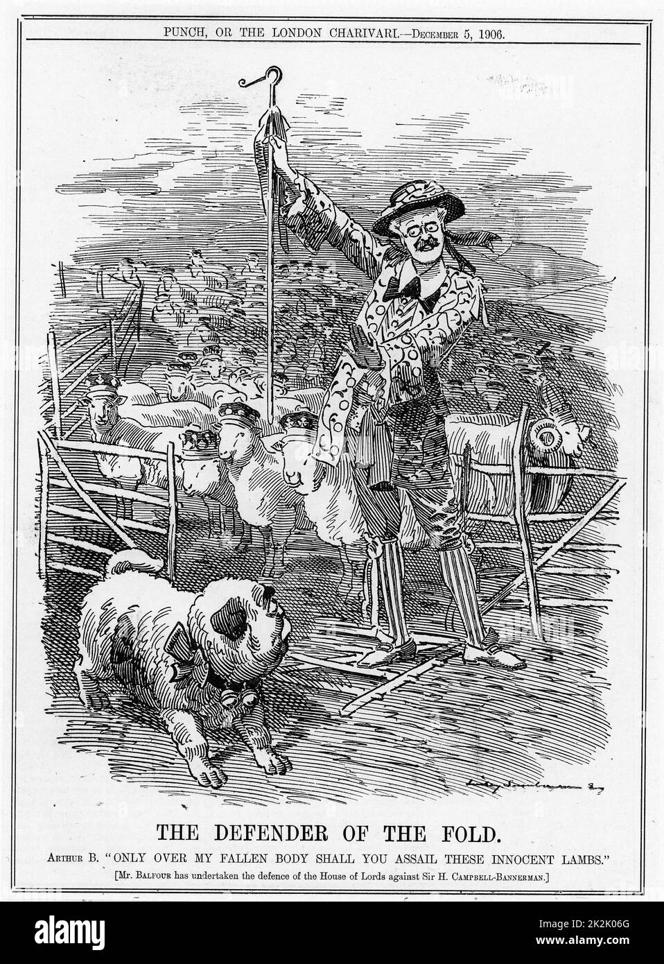 Arthur Balfour (1849-1920) britischer Konservativer Staatsmann, der Verteidigung des House of Lords gegen die liberale Premierminister, Henry Campbell-Bannerman (1836-1908). Karikatur von Linley Sambourne von 'Lochen', London, 5. Dezember 1906. Stockfoto