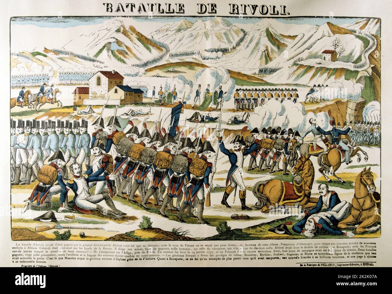 Napoleon in der Schlacht von Rivoli". Rivoli (14./15. Januar 1797) Niederlage Österreichs durch die französischen Truppen unter Napoleon. Beliebte Französische handkolorierter Holzschnitt. Stockfoto