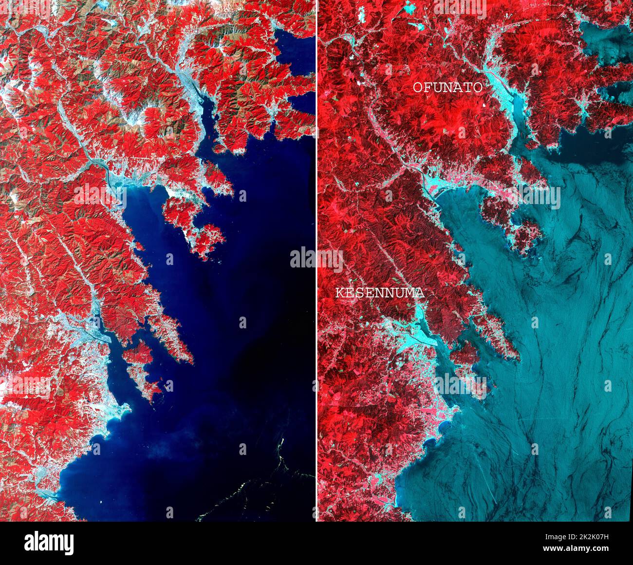 Am 14. März 2011 nahm das Advanced Space Borne Thermal Emission and Reflection Radiometer (ASTER)-Instrument der NASA-Raumsonde Terra ein Bild der nordöstlichen japanischen Küstenstädte Ofunato und Kesennuma auf, etwa 90 Kilometer (55 Meilen) nordöstlich von Sendai. Diese Region war stark vom Tsunami betroffen, der auf das Erdbeben der Stärke 9,0 vom 11. März 2011 folgte, das sich etwa 130 Kilometer (80 Meilen) östlich von Sendai vor der Küste befand. Dieses vorher-Nachher-Bildpaar zeigt Veränderungen in der Landschaft, die wahrscheinlich auf die Auswirkungen des Tsunamis zurückzuführen sind. Stockfoto