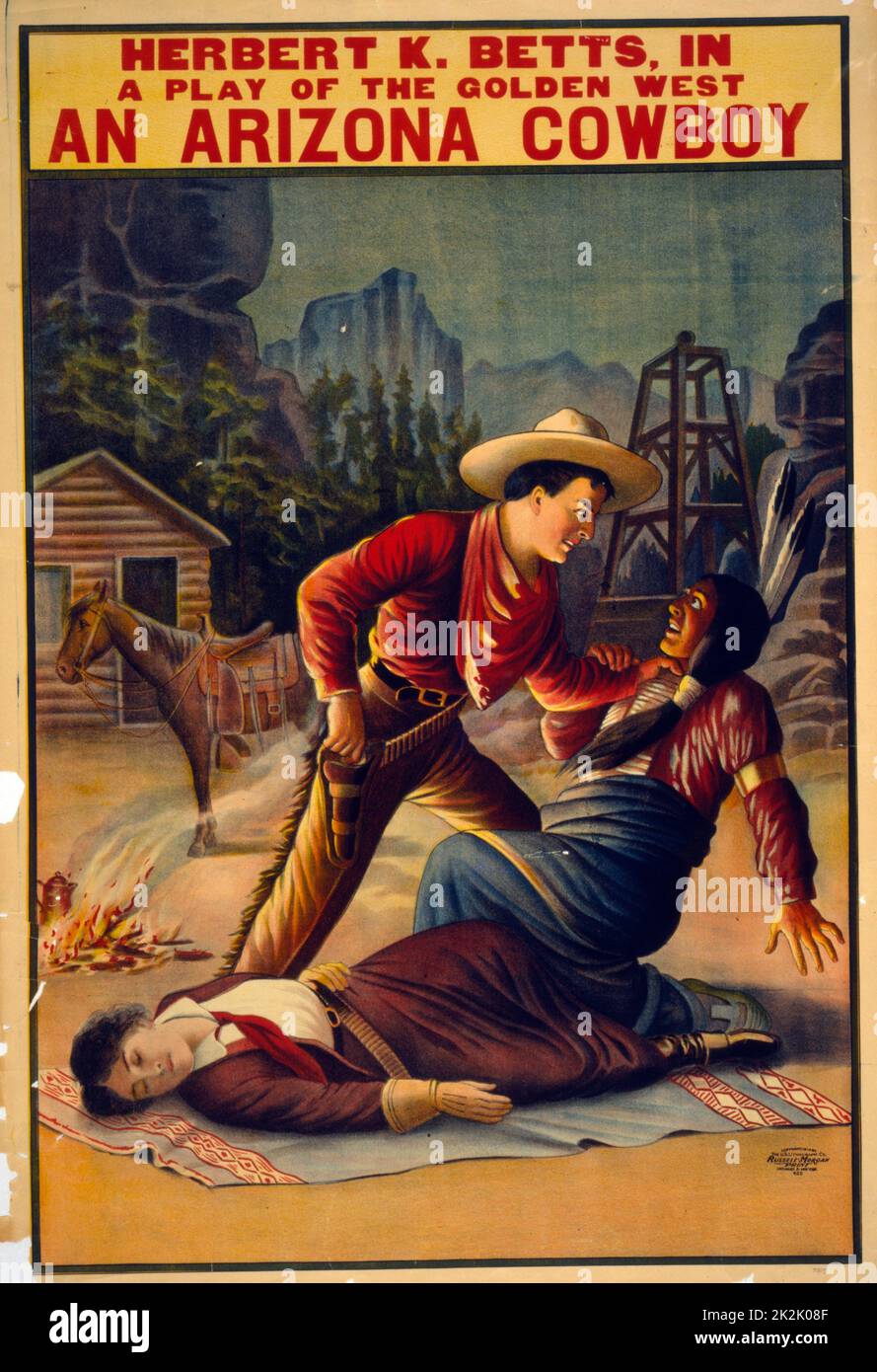 Titel: Herbert K. Betts in einem Spiel der goldene Westen, ein Arizona Cowboy c 1910. (Poster) Lithographie. Indianer Nordamerikas - Darbietungen und Darstellungen. Stockfoto