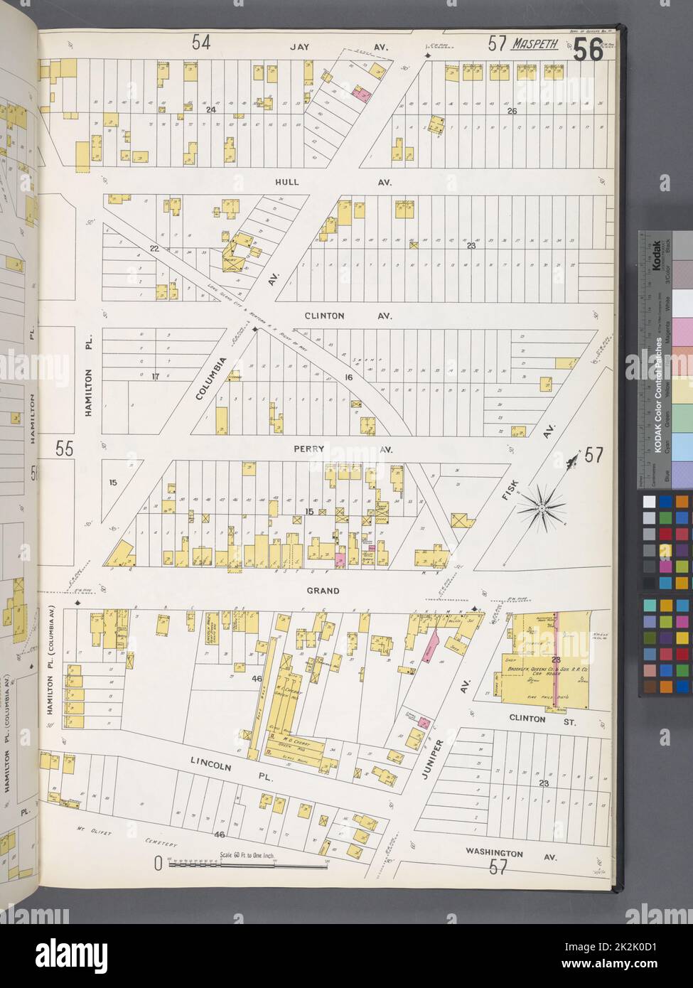 Kartografisch, Karten. 1884 - 1936. Lionel Pincus und Princess Firyal Map Division. Feuerversicherung , New York (Staat), Immobilien , New York (Staat), Städte und Orte , New York (Staat) Queens V. 3, Plate No. 56 Karte begrenzt durch Jay Ave., Fisk Ave., Juniper Ave., Lincoln Pl., Hamilton Pl. Stockfoto