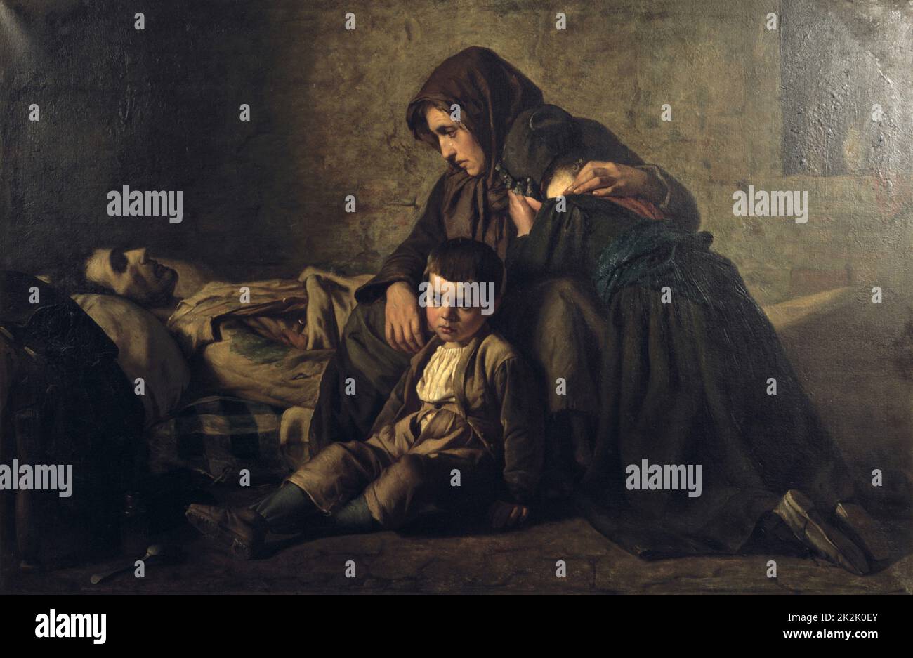 Des armen Mannes Tod' c 1850. Jean Pierre Alexandre Antigna (1817-1878) Französische Realist Painter. Körper von pauper liegt eine Matratze auf den Boden, seine trauernde Witwe und Kinder zusammen neben ihm drängeln. Stockfoto