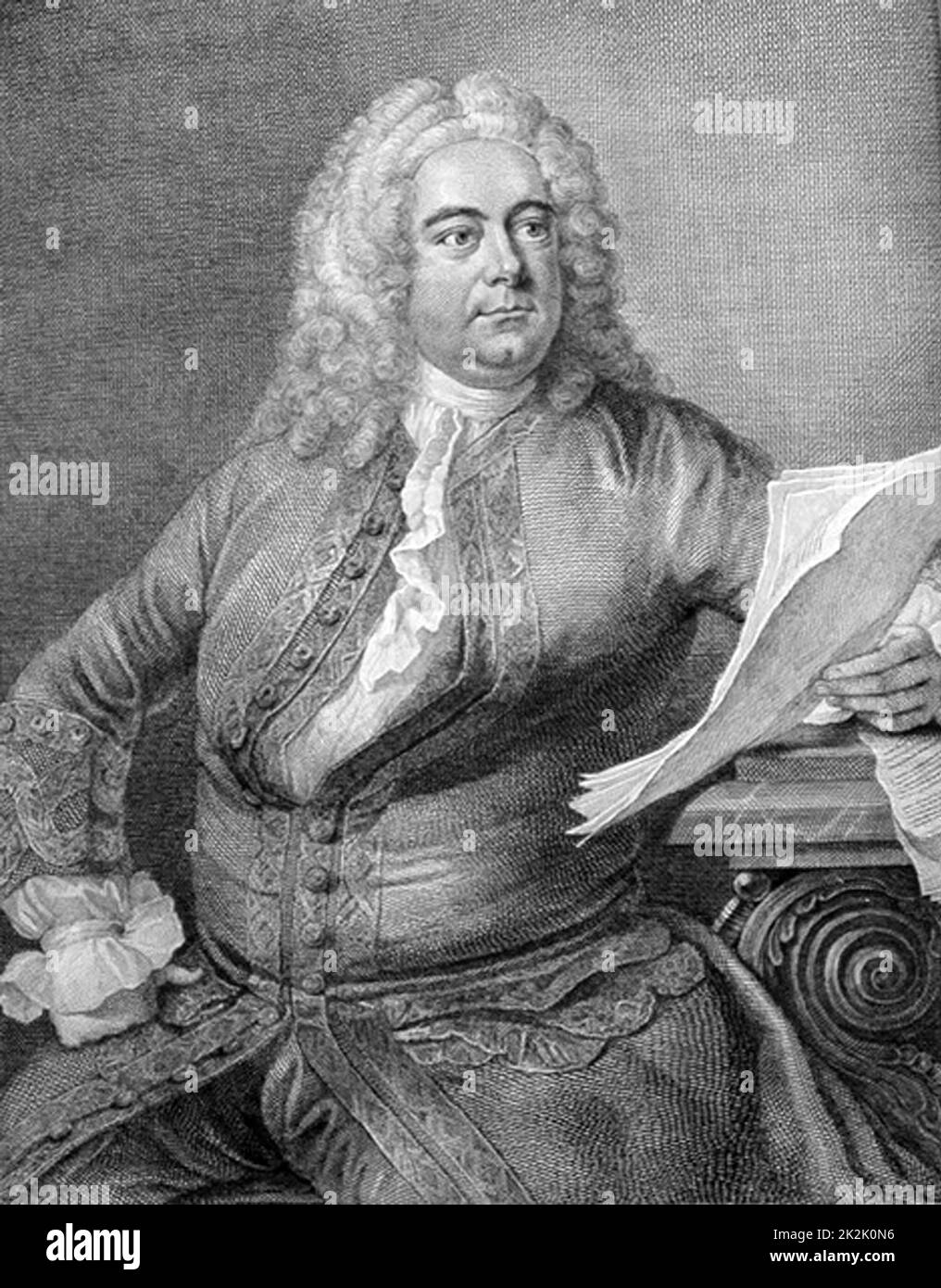 George Frederic Händel (1685-1759) in Deutschland geborener englischer Barockkomponist. Porträtstich aus der Edition von Händels Werken von Thomas Arne. Stockfoto