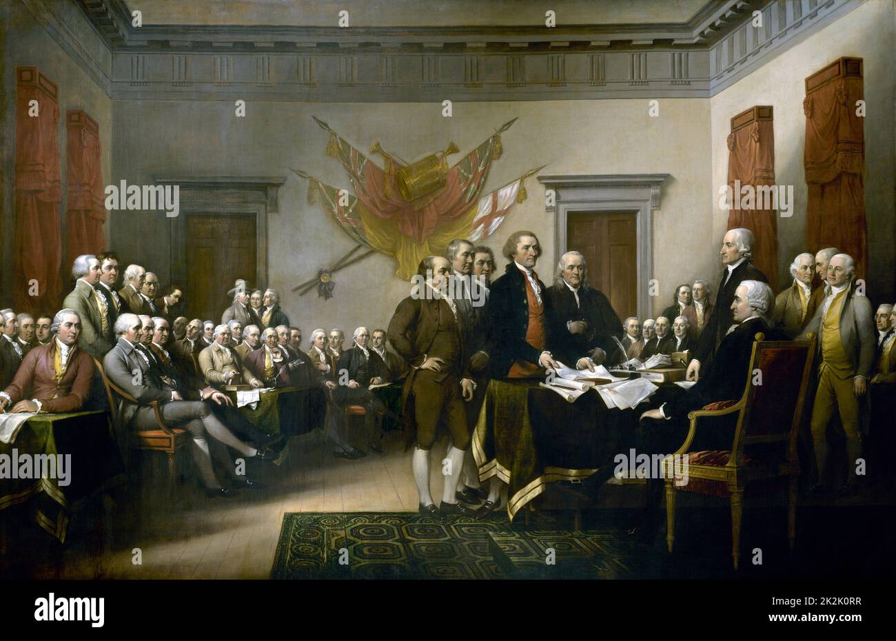 John Trumbull's Malerei, Erklärung der Unabhängigkeit, mit der Darstellung der 5-Mann des Ausschusses zur Ausarbeitung der Erklärung der Unabhängigkeit ihre Arbeit der Kongress. Die Malerei kann auf der Rückseite des US $ 2 Rechnung gefunden werden. Das Original hängt in der US Capitol Rotunde. Stockfoto