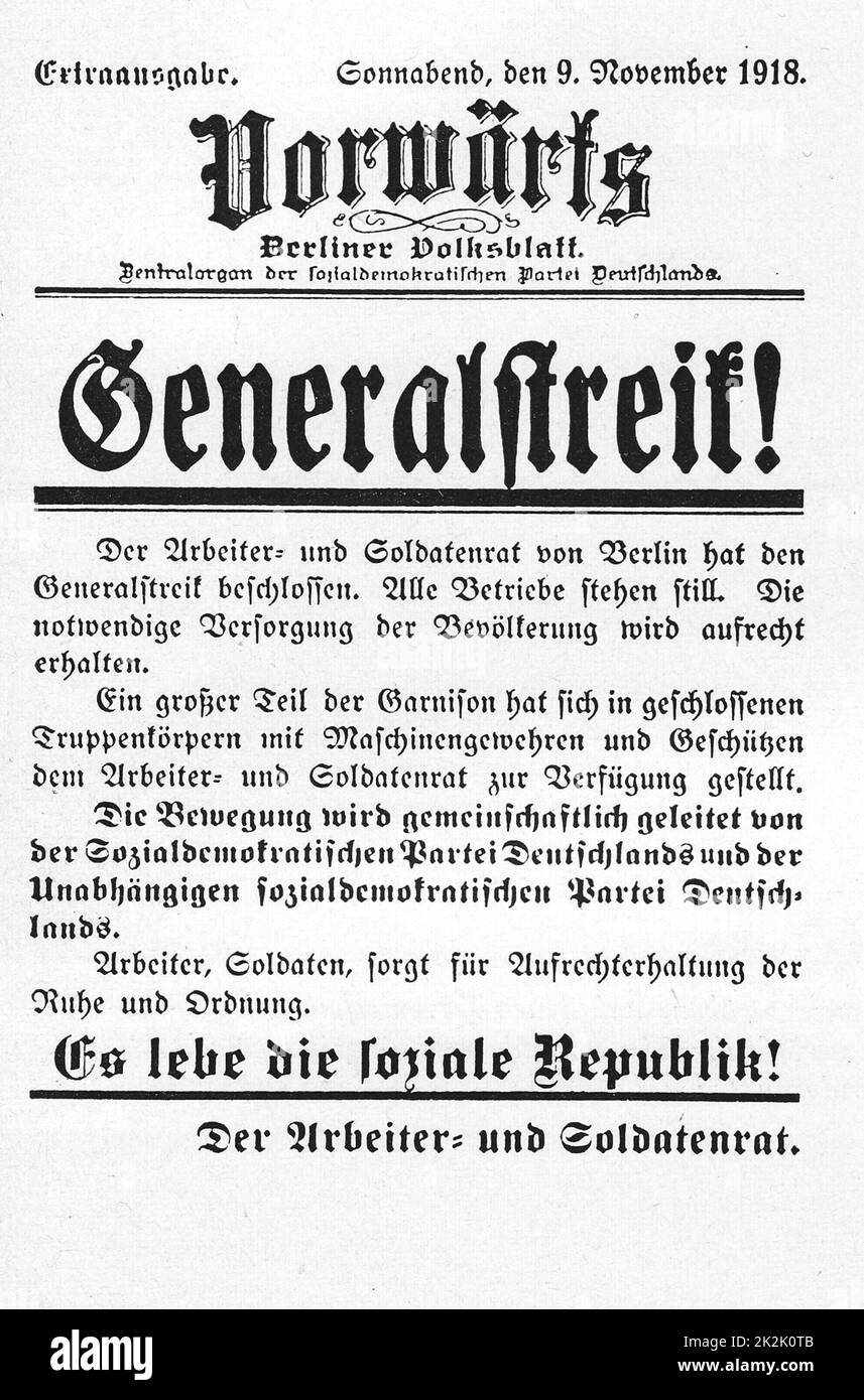Vorwärts (Berlin) Zentralorgan der Sozialdemokratischen Partei Deutschlands, Ausgabe 9. November 1918. Stockfoto