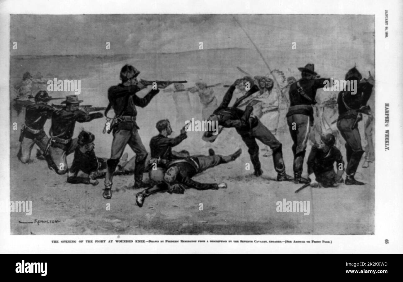 Die Eröffnung des Kampfes am Wounded Knee; Siebte Kavallerie im Kampf mit Indianern.   fotomechanischen print 1891. Stockfoto