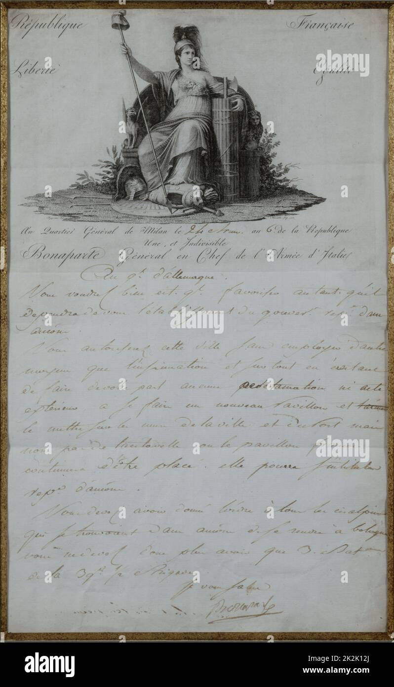 Institution of the Cisalpine Republic von Bonaparte, in Mailand, auf Frimaire 24., Jahr VI, an General Dallemagne Vignette von Appiani 1 Seiten in Folio Stockfoto