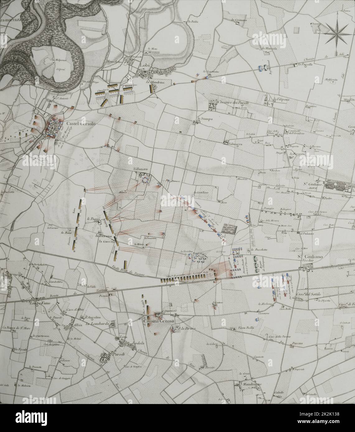 Bericht über die Schlacht von Marengo Karte des Marengo-Schlachtfeldes, 15. Juni 1800 1804 Vellum-Papier großer Folio-Teil eines Buches, das der Kaiser dem Marschall Berthier darbrachte Stockfoto