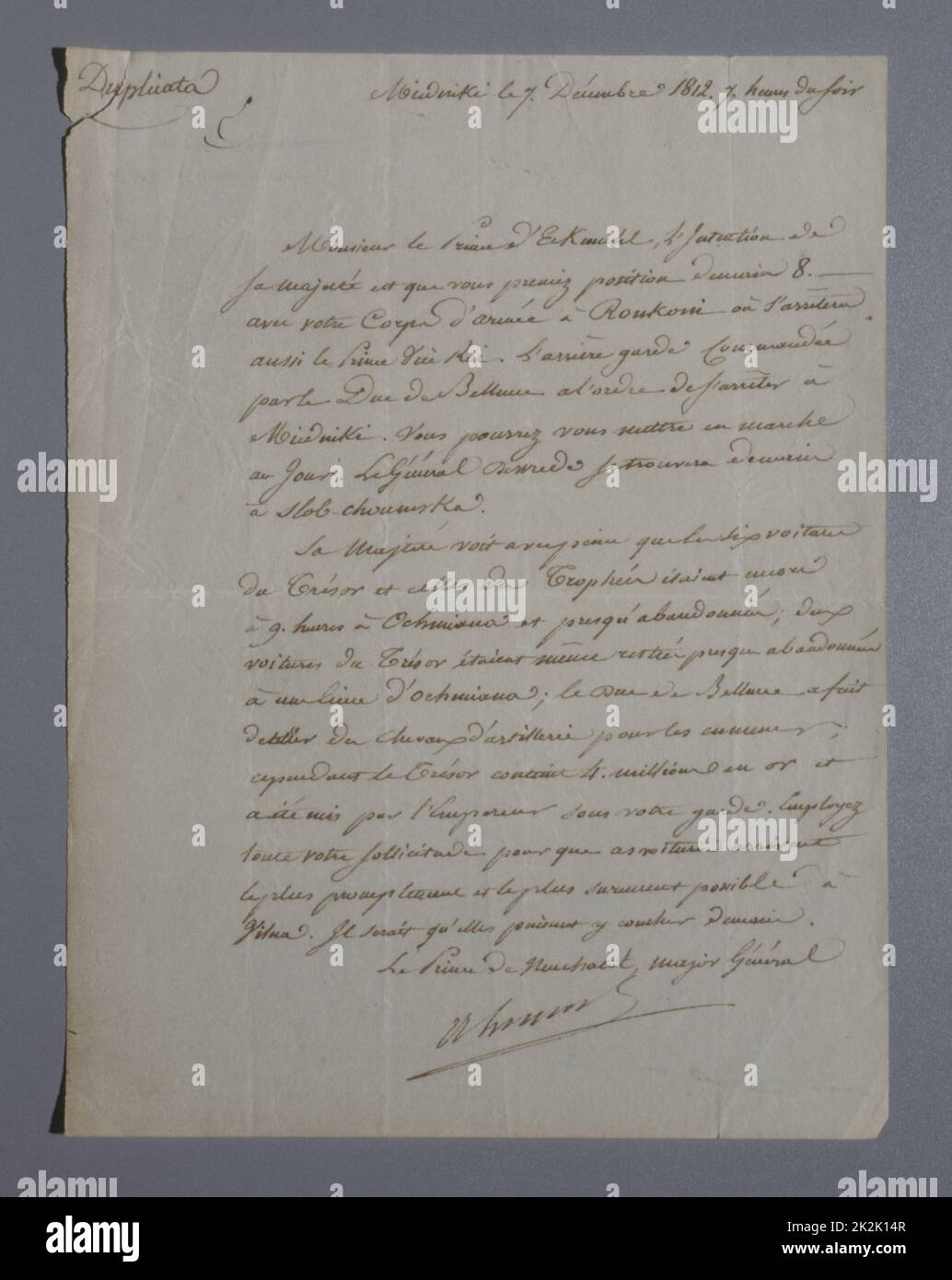 Befehl von Alexandre Berthier an Marschall Davout, den Schatz des Imperators zu schützen, in Höhe von 4 Goldmillionen Kampagne in Russland 7. Dezember 1812 in-8 Stockfoto