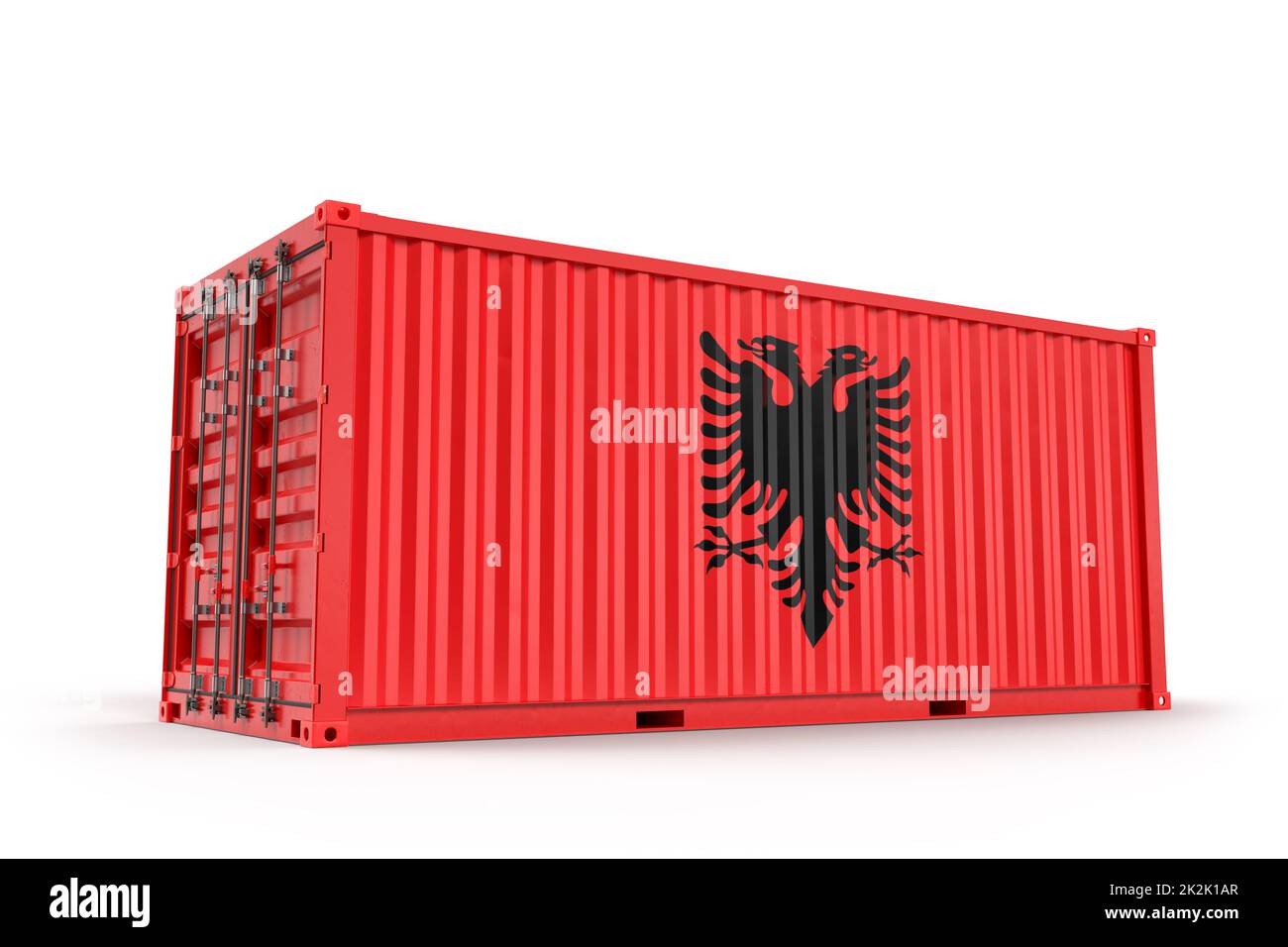 Realistischer Frachtcontainer mit Flagge Albaniens strukturiert. Isoliert. 3D-Rendering Stockfoto