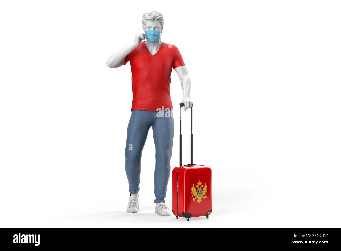 Mann trägt Gesichtsmaske zieht einen Koffer mit Flagge von Montenegro strukturiert. 3D-Rendering Stockfoto