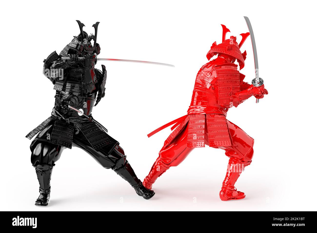 Schwarz und Rot kämpfen Samurai Krieger. Isoliert. 3D-Rendering Stockfoto