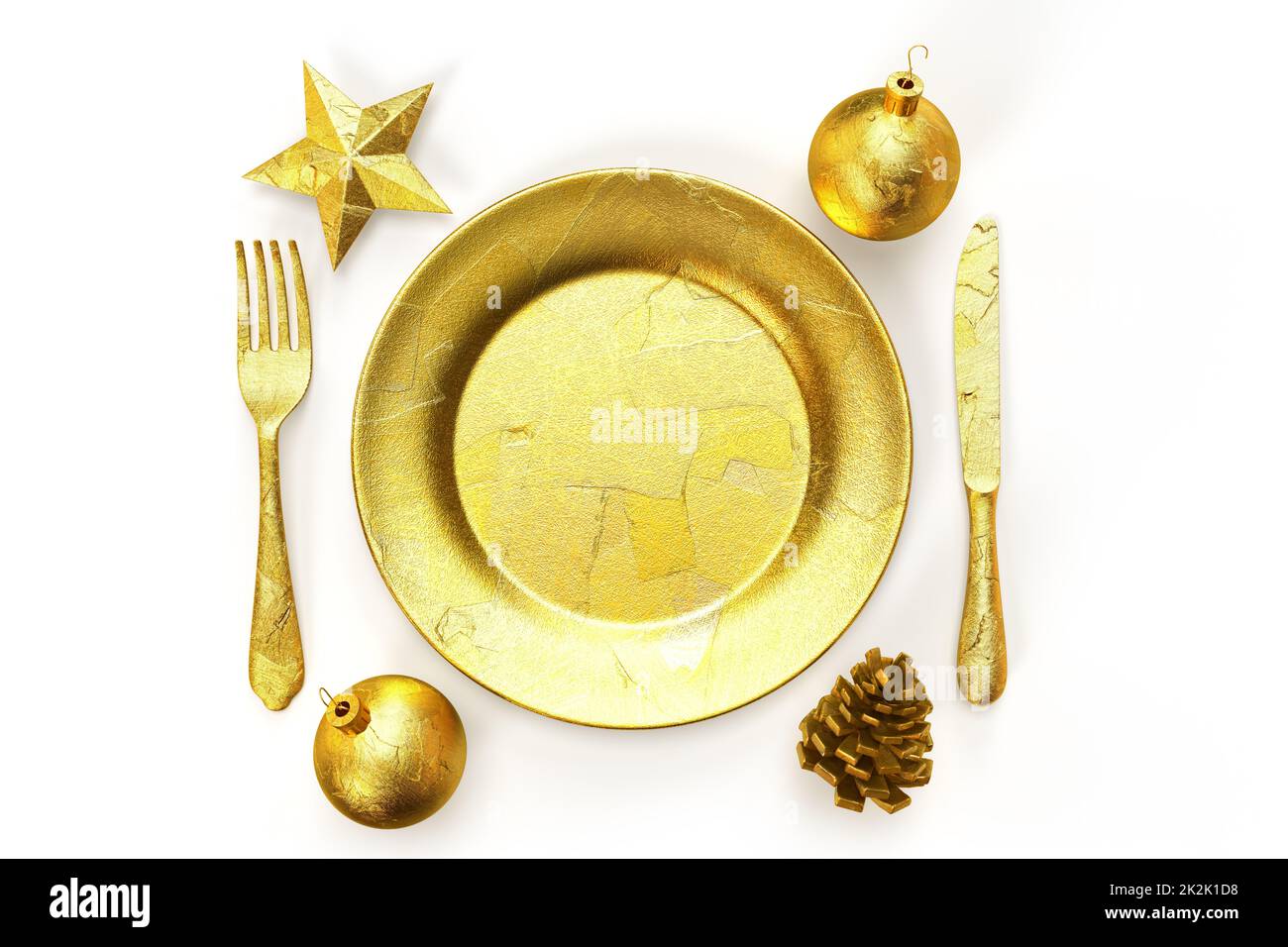 Elegantes, minimalistisches festliches, goldenes Weihnachts-Ess-Set. 3D-Rendering Stockfoto