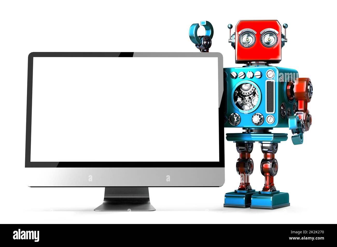 Retro-Roboter mit Computerdisplay. Isoliert. 3D Abbildung. Enthält Beschneidungspfad Stockfoto